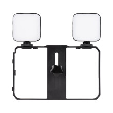 Andoer 2 stuks 5W 6500K dimbare mini-LED-videolamp + handheld smartphone-videobeugel/stabilisator met telefoonhouder en 3 cold shoe-bevestigingen