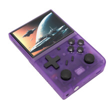 Draagbare retro handheld gameconsole met 3,5 inch IPS-scherm, ingebouwde 64GB geheugenkaart, 3000mAh batterij, ondersteuning voor 10 emulators, paars.