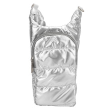 Bolsa térmica portátil e moderna para garrafa de água com alça de ombro, ideal para camping, trilhas e viagens ao ar livre, na cor prata.