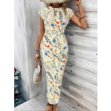 (Set4, S) Women's Solid Color / Striped / All Over Print Knot Batwing Sleeve Dress, Casual Short Sleeve Round Neck Long Dress,