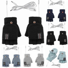 (Black)Winter Usb Electric Heated Mitten Rechargeable Gloves Full & Half Finger Warmer
