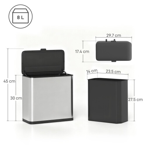 Homcom (Silver) 8L Hanging Kitchen Bin, Rubbish bin w/ Stay-Open Lid for Under Sink 2