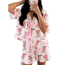 (S, Pink) Women Pajama Shorts Set Goblet/Seashell/Boot Tie Front Short Sleeve Tops Elastic Waist Ruffle Shorts 2 Piece Sleepwear Outfit