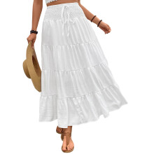 (XL, White) Women Summer High Waist Skirts Casual Elegant Solid Color Bohemian Ruffled A-Line Skirt for Beach Vacation Streetwear