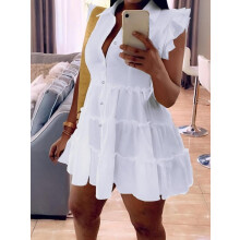 (Off White, S) Women's Plain Layered Sleeve Button Front Frill Trim Short Dress, Casual Short Sleeve Collared Smock Dress For Summer,