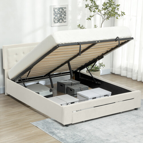 Homcom (Cream) HOMCOM Double Bed Frame with Storage and Adjustable Velvet Headboard 1