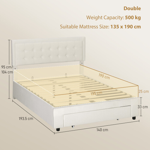 Homcom (Cream) HOMCOM Double Bed Frame with Storage and Adjustable Velvet Headboard 2