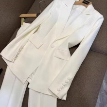 (white, L) European and American Star Style Professional Suit Set, One-Button Long Blazer with Flared Pants Two-Piece Set for Women