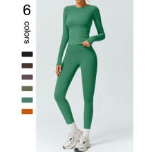 (Green, S) Women's Solid Color Long Sleeve Tee & High Waist Leggings Workout Set, Yoga Tracksuit Set, Sporty Comfy Breathable