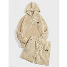 (Khaki, M) Two-piece Set Men's Letter Patch Drop Shoulder Hoodie & Drawstring Waist Shorts Set, Casual Fashion Cozy Regular Fit
