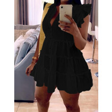 (Black, S) Women's Plain Layered Sleeve Button Front Frill Trim Short Dress, Casual Short Sleeve Collared Smock Dress For Summer,