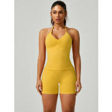 (Yellow, S) Women's Solid Ruched Backless Halter Top & High Waist Shorts, Sporty Breathable Comfortable Two-piece Outfits Gym