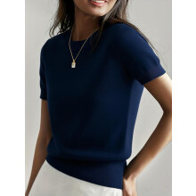 (Navy Blue, M) Women's Solid Color Crew Neck Short Sleeve Sweater, Casual Basic Knit Pullover for Spring & Fall, Fashion Women's