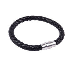 3X Stainless Steel Leather Bracelet, Braided Leather Bracelet, for Men Women, Black - Width 6mm - Length 18cm