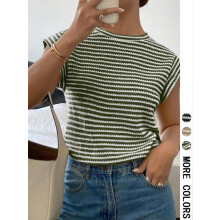 (Green, XL) Women's Striped Print Crew Neck Tee, Casual Slim-fitting Cap Sleeve T-shirt, Ladies Summer Clothes for Daily Wear, Top