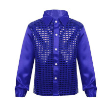 (150,A-Blue)Boys Dance Shirt with Sequins Long Sleeve Spread Collar Jazz Latin Street Dance Costume Shiny Ballroom Performance Top