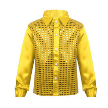 (140,A-Gold)Boys Dance Shirt with Sequins Long Sleeve Spread Collar Jazz Latin Street Dance Costume Shiny Ballroom Performance Top