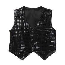 (160,B-Black)Boys Dance Shirt with Sequins Long Sleeve Spread Collar Jazz Latin Street Dance Costume Shiny Ballroom Performance Top