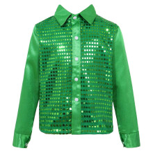 (150,A-Green)Boys Dance Shirt with Sequins Long Sleeve Spread Collar Jazz Latin Street Dance Costume Shiny Ballroom Performance Top