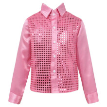 (140,A-Pink)Boys Dance Shirt with Sequins Long Sleeve Spread Collar Jazz Latin Street Dance Costume Shiny Ballroom Performance Top