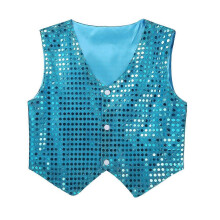 (130,B-Light Blue)Boys Dance Shirt with Sequins Long Sleeve Spread Collar Jazz Latin Street Dance Costume Shiny Ballroom Performance Top