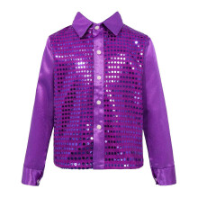 (120,A-Purple)Boys Dance Shirt with Sequins Long Sleeve Spread Collar Jazz Latin Street Dance Costume Shiny Ballroom Performance Top