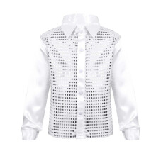 (150,A-White)Boys Dance Shirt with Sequins Long Sleeve Spread Collar Jazz Latin Street Dance Costume Shiny Ballroom Performance Top