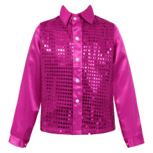 (130,A-Hot Pink)Boys Dance Shirt with Sequins Long Sleeve Spread Collar Jazz Latin Street Dance Costume Shiny Ballroom Performance Top