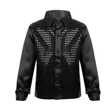 (120,A-Black)Boys Dance Shirt with Sequins Long Sleeve Spread Collar Jazz Latin Street Dance Costume Shiny Ballroom Performance Top