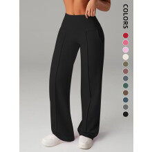 (Black, L) Women's Plain Loose Straight Leg Pants, Wide Leg High Waist Sporty Casual Sweatpants with Pockets, Comfortable Daily