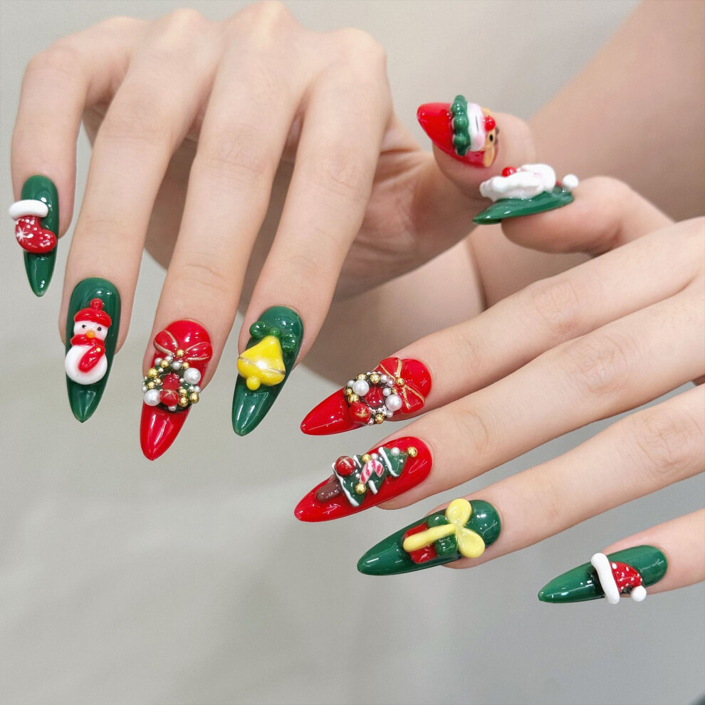 Zhouq-Outdoors (Xs) 3D Red Green Fake Nails - 10Pcs, No Pressure Design