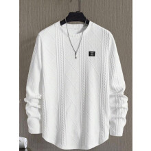 (Off White, M) Men's Regular Fit Patchwork Details Textured Knit Tops, Casual Long Sleeve Round Neck T-shirt for All Seasons, Men's