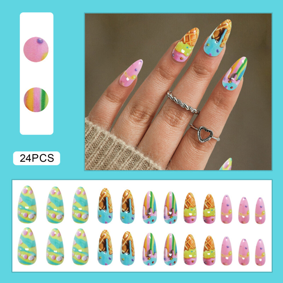 Roc-Electron 24Pcs Candy Print Fake Nails, Long Lasting & Flexible