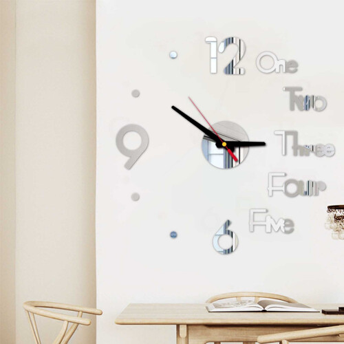 (Silver) 3D Frameless Wall Clock, DIY Stickers, Silent for Home 1