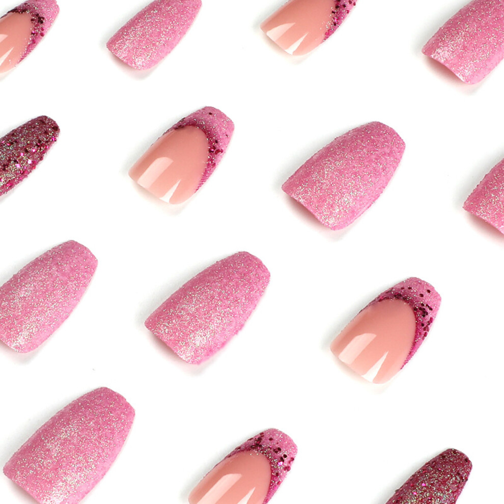 Hue-Grain Pink Glitter False Nails 24Pcs For Party Wedding