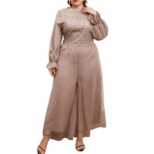 (XXXXL, Pink) Women's Wide Leg Jumpsuit Pants Elegant Long Sleeve 3D Flower Front Mesh Romper Pants Playsuit