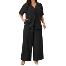 (XL, Black) Women Plus Size Outfits Casual Summer Solid Color Tie Front T-Shirt and Elastic Waist Wide Leg Pants Set Streetwear