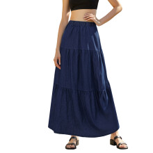 (S, Blue) Women Denim Skirts Solid Color Elastic Waist Jeans Skirts Summer Fashion Casual Long Skirts Streetwear