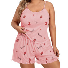 (XXXXXL, Pink) Women Plus Size Pajamas Set Heart Strawberry Print Camisole and Elastic Shorts for Loungewear Soft Sleepwear