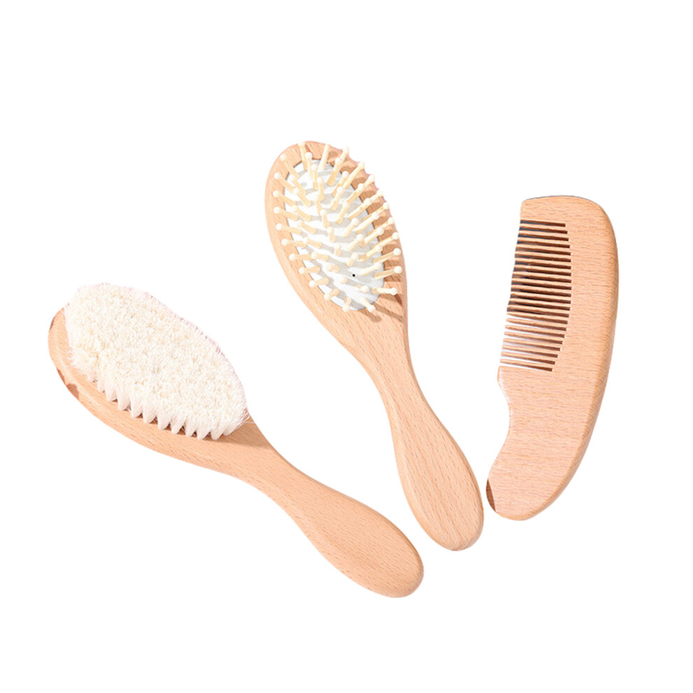 (3Pcs, Beige) 3Pcs Wool Brush Set Newborn Brush Shower Hair Brush Newborns Shower Natural Hair Brush Newborn Hair Brush Bath Kits