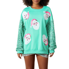 (XXL, Light Green) Womens Christmas Santa Sweatshirt Sequin Long Sleeve Crew Neck Pullover Tops Casual Streetwear