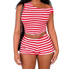 (L, Red) Women's Summer Shorts Outfit Slim Fit Stylish Striped Off the Shoulder Sleeveless Tops and Shorts 2 Pcs Set