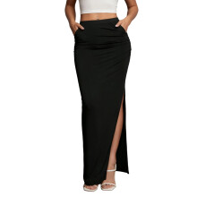 (M, Black) Women's Midi Skirt Elegant Solid Color High Waist Slit Hem Pleated Long Skirt for Party Work Daily Wear