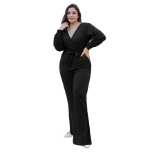 (XL, Black) Plus Size Pant Jumpsuit for Women Solid Color V Neck Long Sleeve Straight Leg Romper with Belt