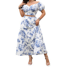 (XL, White) Women's Plus Size Skirts Outfits Floral Print V-Neck Short Sleeve Tops Elastic Waist Long Skirts Clothes 2 Pieces Set