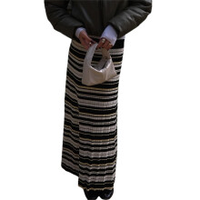 (L, Black) Women's Fall Stripe Knit Skirt Contrast Color High Waist Slim Long Skirt for Spring Fall