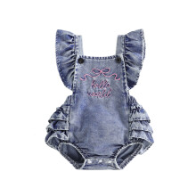 (3-6 Months, Blue) Baby Girl Overalls, Sleeveless Bow Letters Print Denim Romper Bodysuit for Casual Daily