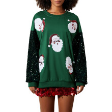 (S, Dark Green) Womens Christmas Santa Sweatshirt Sequin Long Sleeve Crew Neck Pullover Tops Casual Streetwear