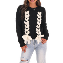 (M, Black) Women Comfy Cable Sweaters Casual Cute Tie up Bow Warm Long Sleeve Pullover Basic Knitwear for Fall Streetwear