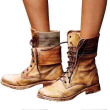 (36,A)Women Ankle Boots Combat Lace Up Zipp Up Buckle Booties Shoes Round Toe
